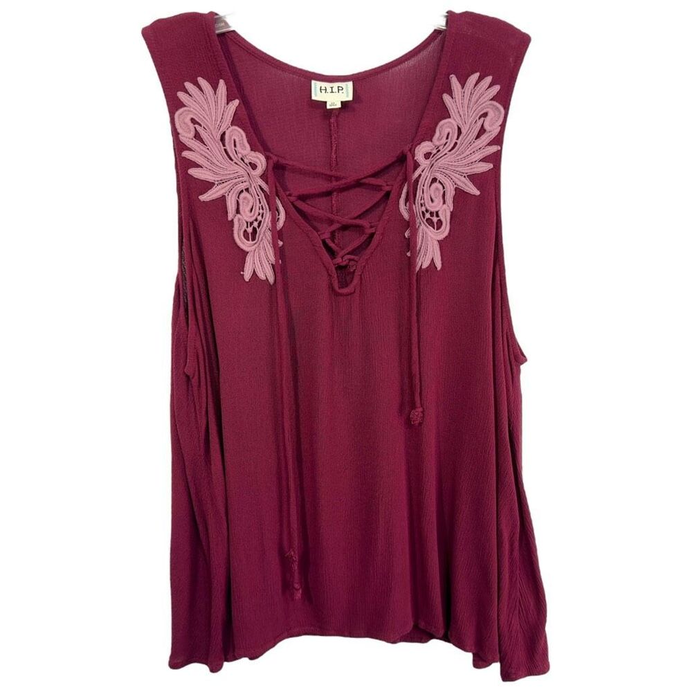 HIP Plus Size 2X Tank Top Burgundy Gauzy Lace Up‎ Embroidered Flowy Boho 1537 - Picture 6 of 6